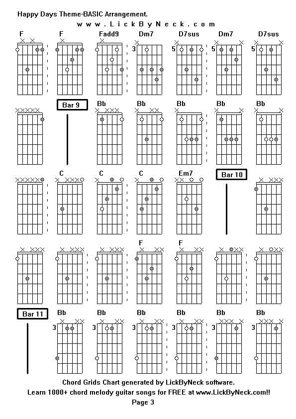 Chord Grids Chart of chord melody fingerstyle guitar song-Happy Days Theme-BASIC Arrangement,generated by LickByNeck software.